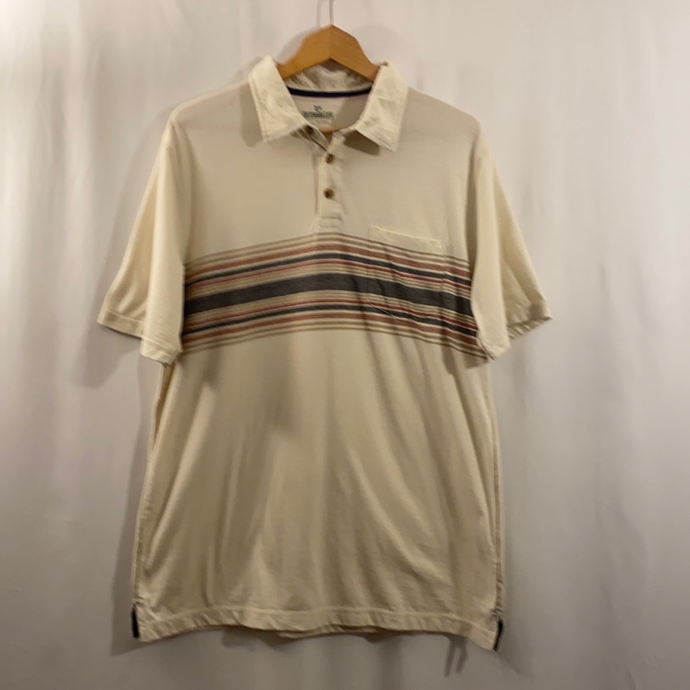 OUTDOOR LIFE Men’s Short Sleeve Shirt L Beige with Stripes Across Chest